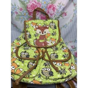 Fox Owl Backpack Green Woodland Print Adjustable Straps 13x15"